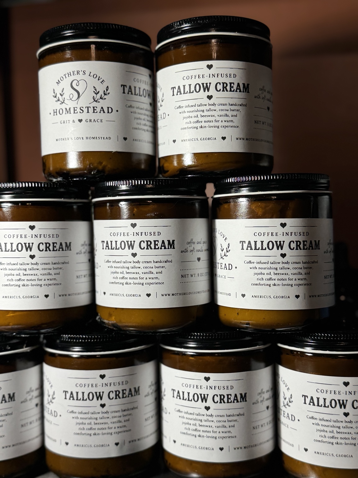Stacked jars of Mother's Love Homestead tallow cream